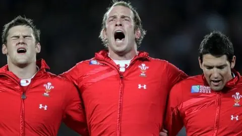 PA Welsh rugby players Dan Lydiate, Alun Wyn Jones and James Hook