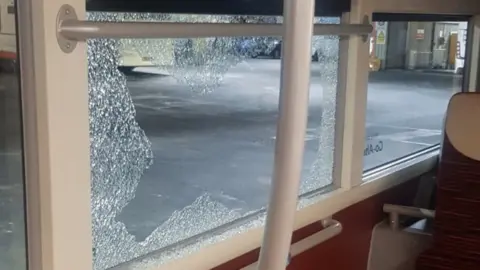 EYMS  Smashed bus window