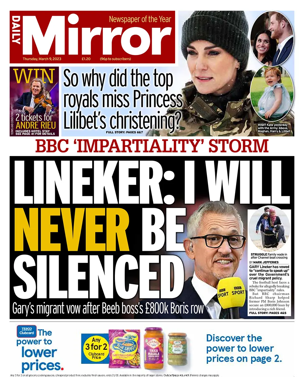 The headline in the Mirror reads: "Lineker: I will never be silenced"