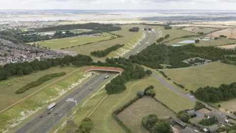 Joas Souza/National Highways Artist's impression of the south side of the river and tunnel entrance, with a green bridge linking Gravesend and Thong