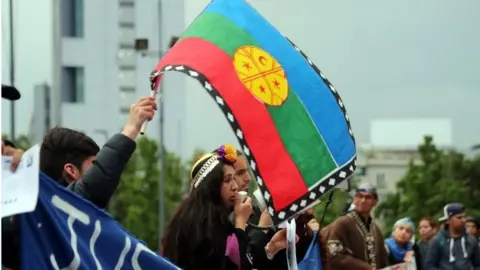 EPA Mother of Brandon Hernandez Huentecol, Ada Huentecol (C), speaks during a demonstration to demand justice for Brandon Hernandez Huentecol, a 17-year-old Mapuche youth whom a Carabineros national police officer allegedly shot in the back in December 2016 in southern Chile and which left him seriously injured, in Santiago, Chile, 06 November 2017.