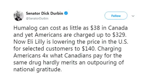 Twitter Senator Dick Durbin tweet about Humalog costing 4 times more in US