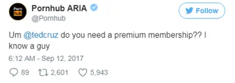 @Pornhub @Pornhub offered their membership services to Senator Cruz