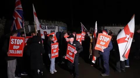 PA Media Protesters at Larchfield Estate, Northern Ireland