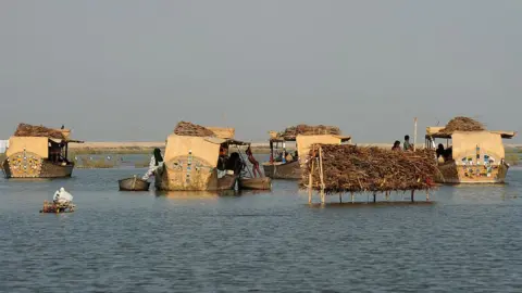 Getty Images Families go about their daily business on their floating boathouses on Manchar lake, a 223 square kilometre natural water reservoir in southern Pakistan on September 9, 2016.