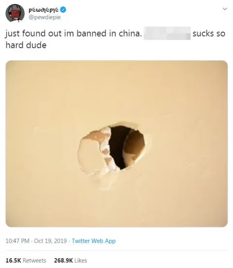 PewDiePie/Twitter A tweet from PewDiePie. It reads: "Just found out I'm banned in China. Sucks so hard dude."