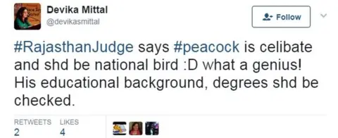 Devika Mittal #RajasthanJudge says #peacock is celibate and shd be national bird :D what a genius! His educational background, degrees shd be checked.