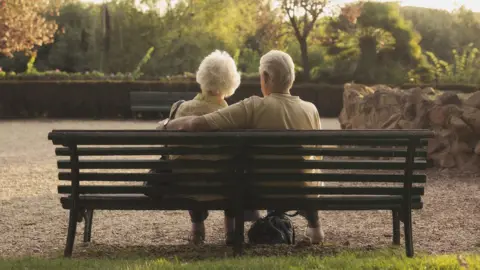 Senior couple sitting on bench in park, rear view - stock photo