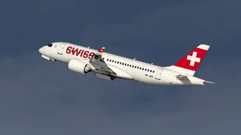 Getty Images A Swiss Bombardier C-Series CS100 plane takes off from Zurich Airport