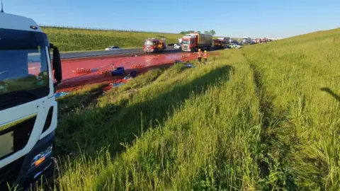 Highways England The tomato puree spillage in Cambridgeshire that happened on Tuesday