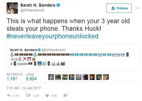 Twitter/SHSanders Sarah Huckabee Sanders tweeted: "This is what happens when your 3 year old steals your phone. Thanks Huck! #neverleaveyourphoneunlocked"