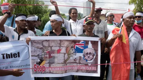 AFP Hundreds of East Timorese activists rallied in 2016 outside the Australian embassy in Dili over the the Timor Sea boundary dispute