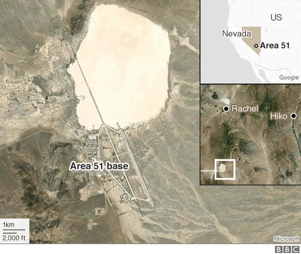 A map showing where Area 51 is in relation to the towns of Rachel and Hiko