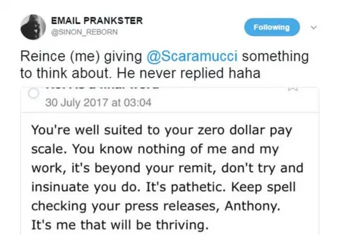 Twitter Email prankster @Sinon_reborn: Reince (me) giving @Scaramucci something to think about. He never replied haha