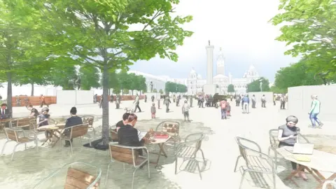 John McAslan + Partners Sketches of people eating at cafes concealed under tree canopies on the western edge of George Square.