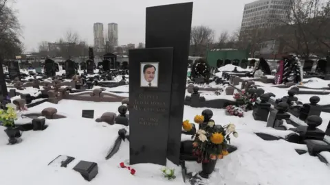 Getty Images The snow clad grave of Russian lawyer Sergei Magnitsky with his portrait on the tomb in Moscow in 2012