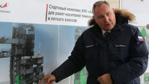 Getty Images Roscosmos chief Dmitry Rogozin gives some explanations to Russian President and his Belarus counterpart during their visit at the Vostochny cosmodrome, some 180 km north of Blagoveschensk, Amur region on April 12, 2022.