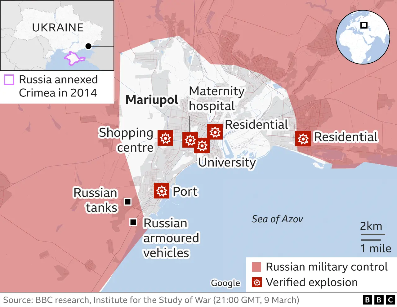 Map showing areas under Russian military control