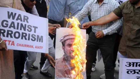 Getty Images There were protests in India in 2015 against Lakhvi's release