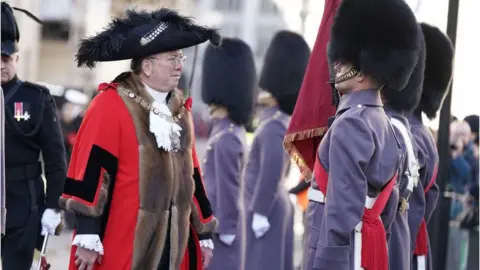 PA Media Michael Mainelli, the 695th Lord Mayor of the City of London, inspecting the troops during the Lord Mayor's Show