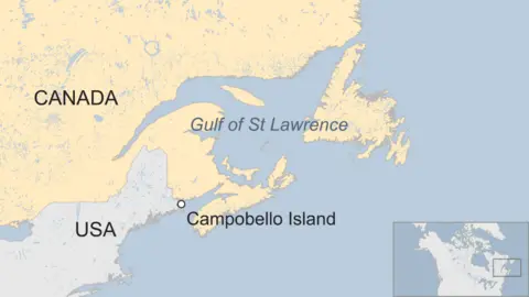 Map showing Campobello Island in relation to the US-Canada border, and the Gulf of St Lawrence