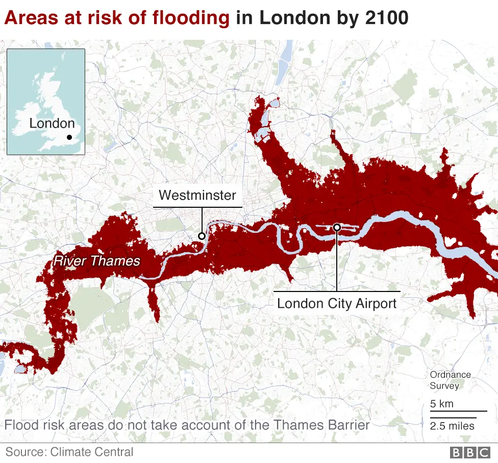 BBC Map of London showing areas at risk of flooding in 2100