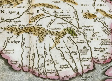 Getty Images A section of a 17th Century engraved map by Jodocus Hondius showing Llanilltud on the tip of the south Wales coast