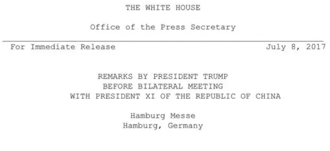 White House A screenshot of the circular showing the heading "Remarks by President Trump before bilateral meeting with President Xi of the Republic of China"