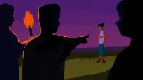 Shali Reddy An illustration of people in shadows with lit torches pointing at a lone woman