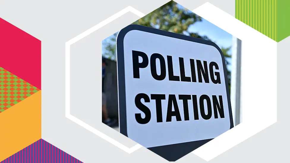 BBC Colourful graphic showing a polling station sign