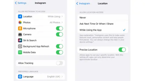 Apple Two screenshots from an iPhone show how precise location appears in Instagram location settings