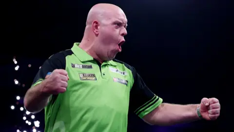 Michael van Gerwen celebrates winning night four of the Premier League of Darts in Newcastle