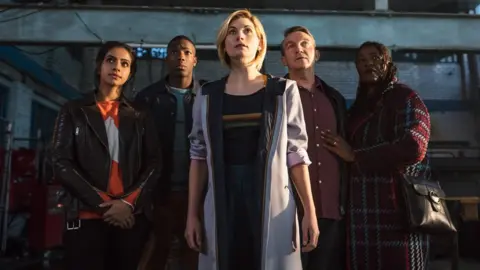 Doctor Who cast: L-R : Yaz (MANDIP GILL), Ryan (TOSIN COLE), The Doctor (JODIE WHITTAKER), Graham (BRADLEY WALSH) and Grace (SHARON D CLARKE)