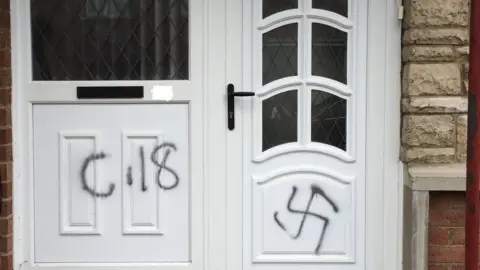 PSNI Religiously aggravated graffiti on a door in Northern Ireland