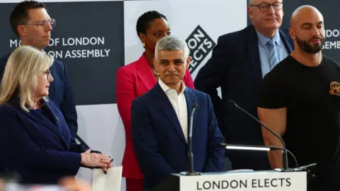 Getty Images Labour's Sadiq Khan gives his acceptance speech at City Hall