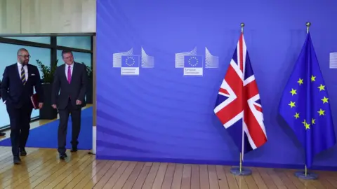 JOHANNA GERON/REUTERS James Cleverly and Maros Sefcovic in Brussels in February 2023