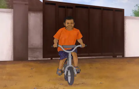 BBC Illustration showing Samuel Abdulraheem riding on a bike aged seven