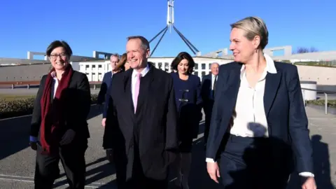 EPA Labor Senator Penny Wong, Australian Opposition Leader Bill Shorten and Deputy Opposition Leader Tanya Plibersek