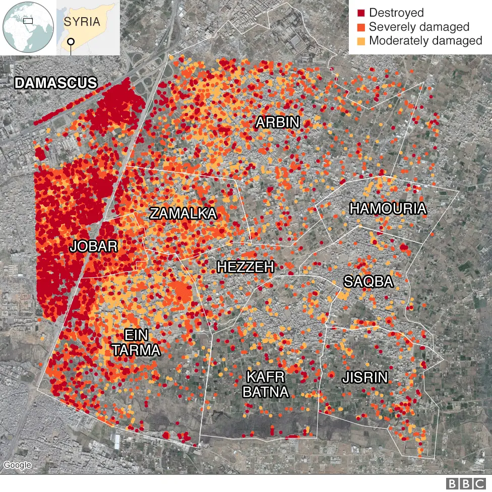 BBC Map showing damage levels in Eastern Ghouta, Syria, up to December 2017