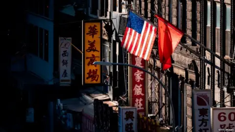 Getty Images The PRC flag flies next to the US flag in Manhatten's Chinatown