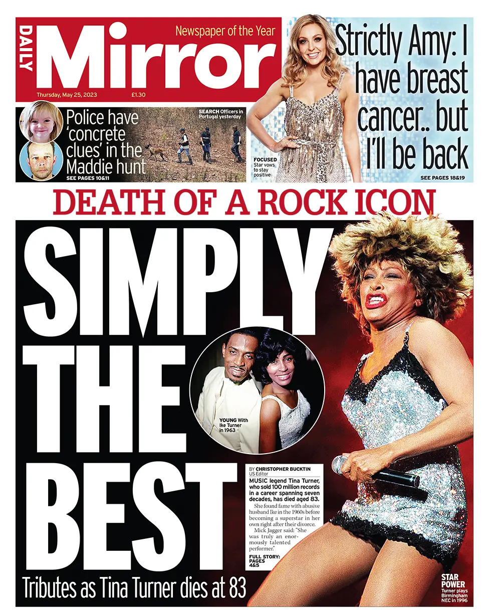 The headline in the Mirror reads: "Death of a rock icon: Simply the best"