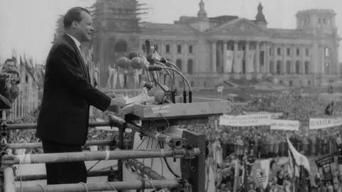 Getty Images Willy Brandt Mayor of West Berlin, addresses the crowds on May Day in front of the Reichstag, Berlin, 1960