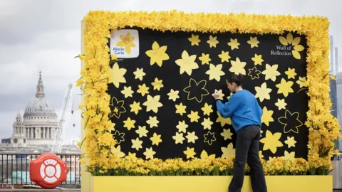 Marie Curie A woman in a blue jumper writes a message on the daffodil-covered wall on the South Bank.
