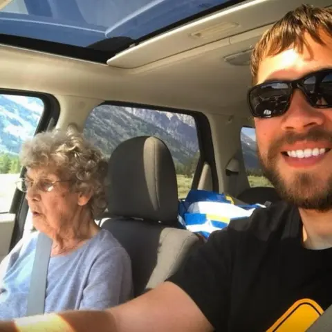GrandmaJoy'sRoadTrip/Facebook Grandma Joy and Brad in the car