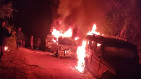 Angry villagers torched vehicles belonging to Indian security forces from Assam Rifles after 13 civilian were killed by Indian security personnel in an anti-insurgency operation at Oting village under Mon District of the India north eastern state of Nagaland, India on Saturday night, 04 December 2021