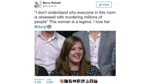 Twitter Beccy Risdsdel: "I don't understand why everyone in this room is obsessed with murdering millions of people." - This woman is a legend, I love her