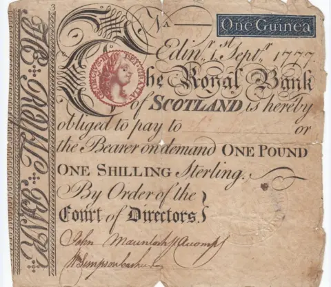 Jonathan Callaway/Dave Murphy One of the first banknotes printed in three colours – a 1777 Royal Bank note
