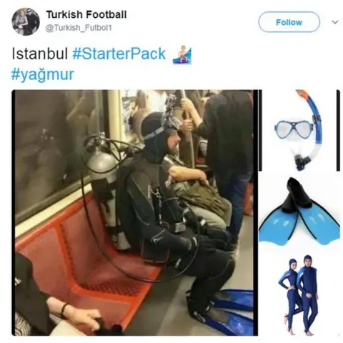 @Turkish_Futbol1 A man dressed in diving gear on a metro train