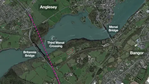 BBC Graphic showing where the third Menai crossing will go