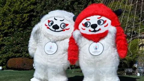 Getty Images The mascot Ren-G for the 2019 Rugby World Cup in Japan pose for photographs
